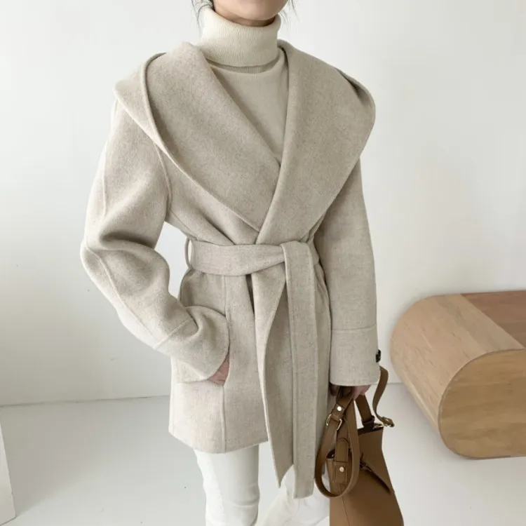 Cardigan hooded mid-length woolen coat - Oatmeal
