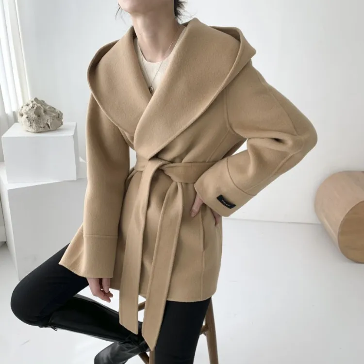 Cardigan hooded mid-length woolen coat - Camel