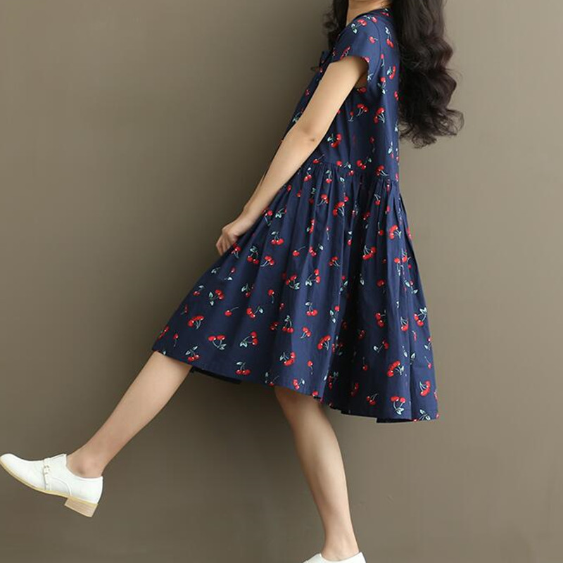 Cherry printed cotton and linen dress