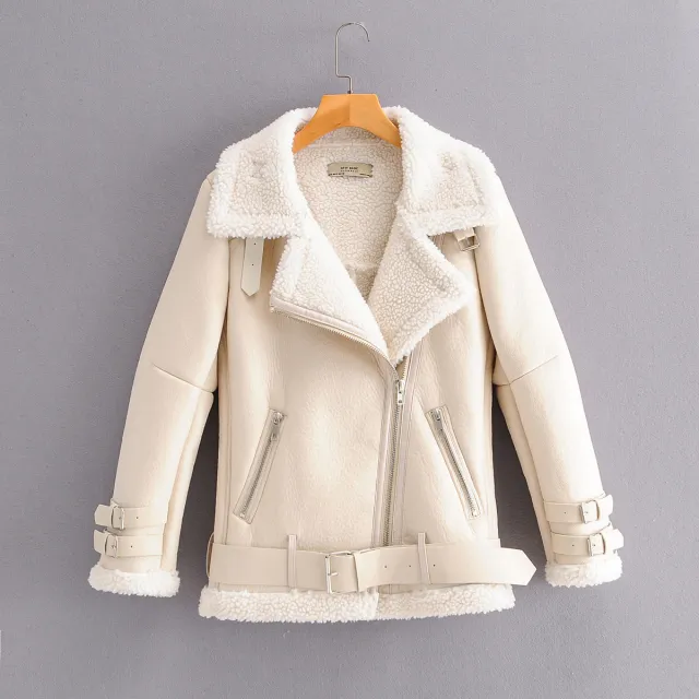 Plush stitching thick PU leather coat Beige - Shop at LoveMi