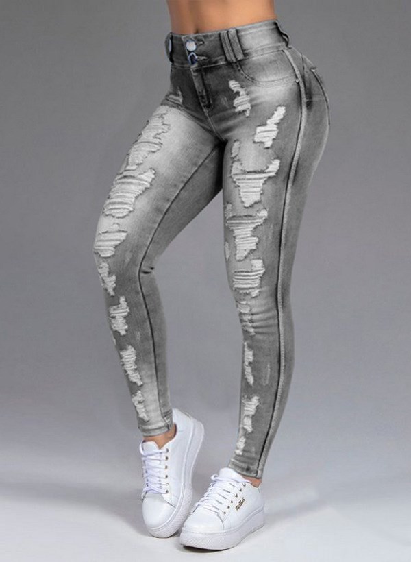 Fashion Ripped Women's Skinny Feet High Waist Jeans Grey - Shop at LoveMi