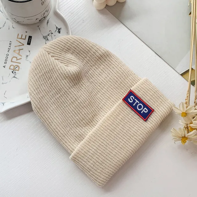 Autumn and winter adult candy color label knitted hat Beige - Shop at LoveMi