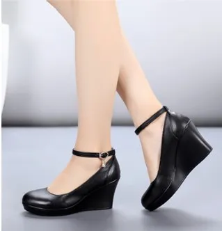 Fashion Ankle Strap High Wedges Platform Pumps For Women Casual Genuine Leather Black Work Shoes High Heels Black - Shop at LoveMi