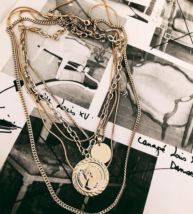 Gold coin portrait multi-layered necklace