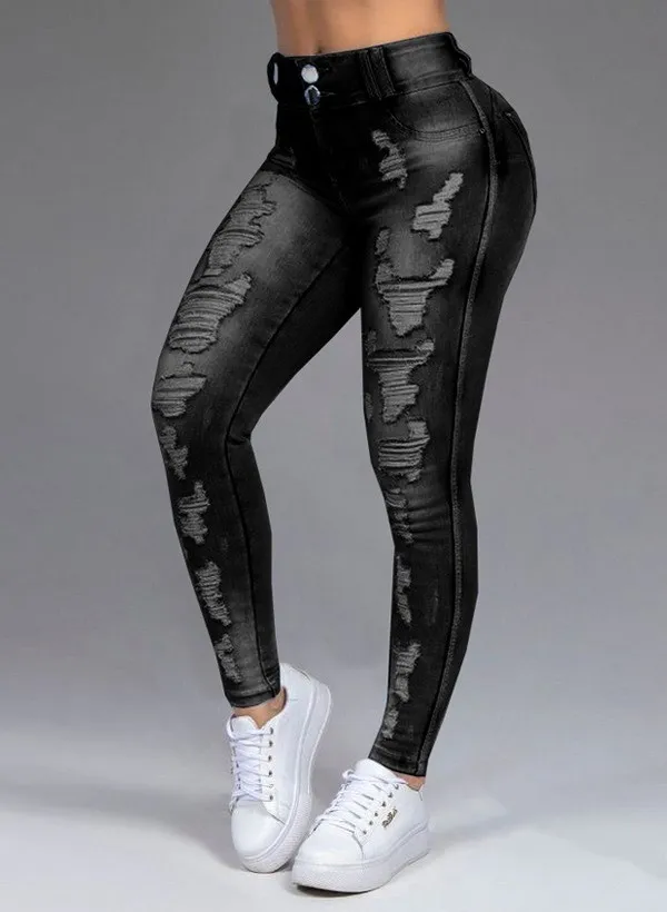 Fashion Ripped Women's Skinny Feet High Waist Jeans Black - Shop at LoveMi