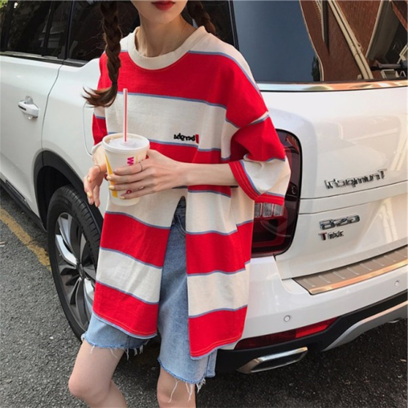 Super fire short-sleeved t-shirt vintage girl loose slit