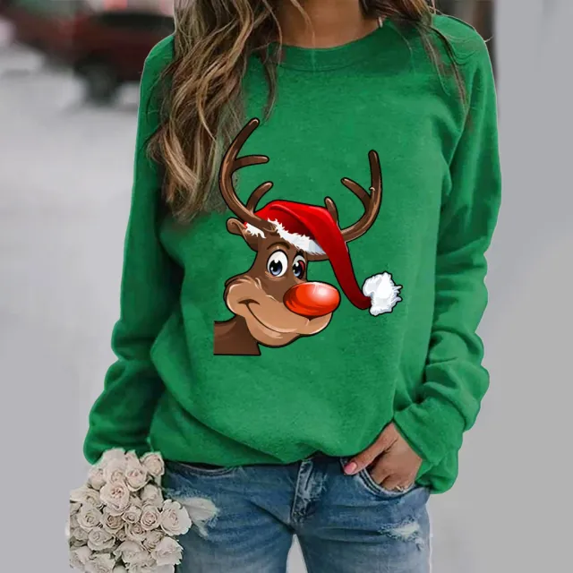 Christmas printed long sleeved round neck sweater Green - Shop at LoveMi