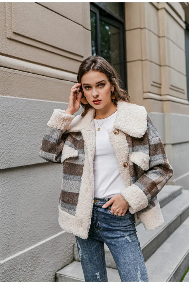 New coat plaid lamb wool thick plaid coat Photo Color - Shop at LoveMi