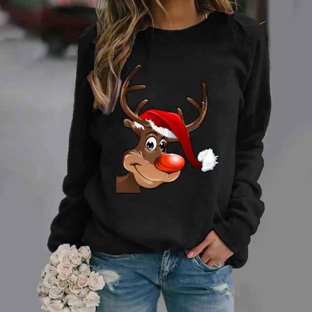 Christmas printed long sleeved round neck sweater Black - Shop at LoveMi