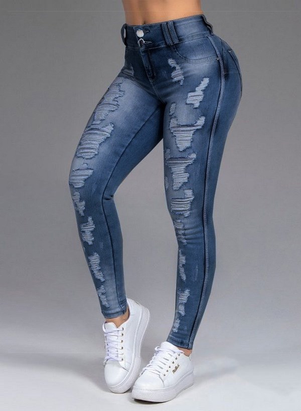 Fashion Ripped Women's Skinny Feet High Waist Jeans Dark Blue - Shop at LoveMi