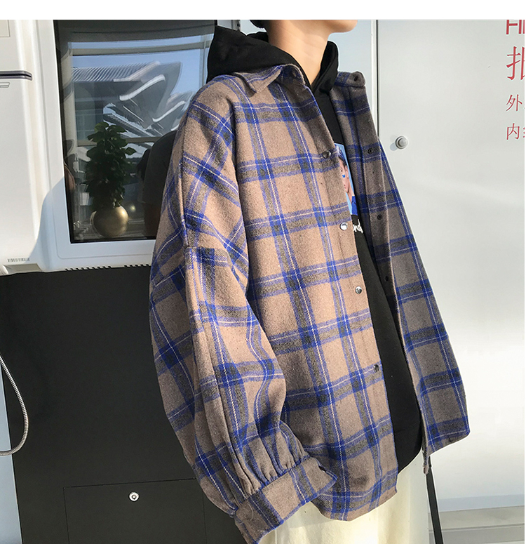 Hong Kong style retro loose woolen plaid shirt