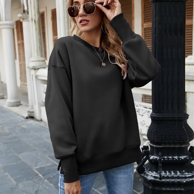 Women's split hem round neck pullover sweater Black - Shop at LoveMi