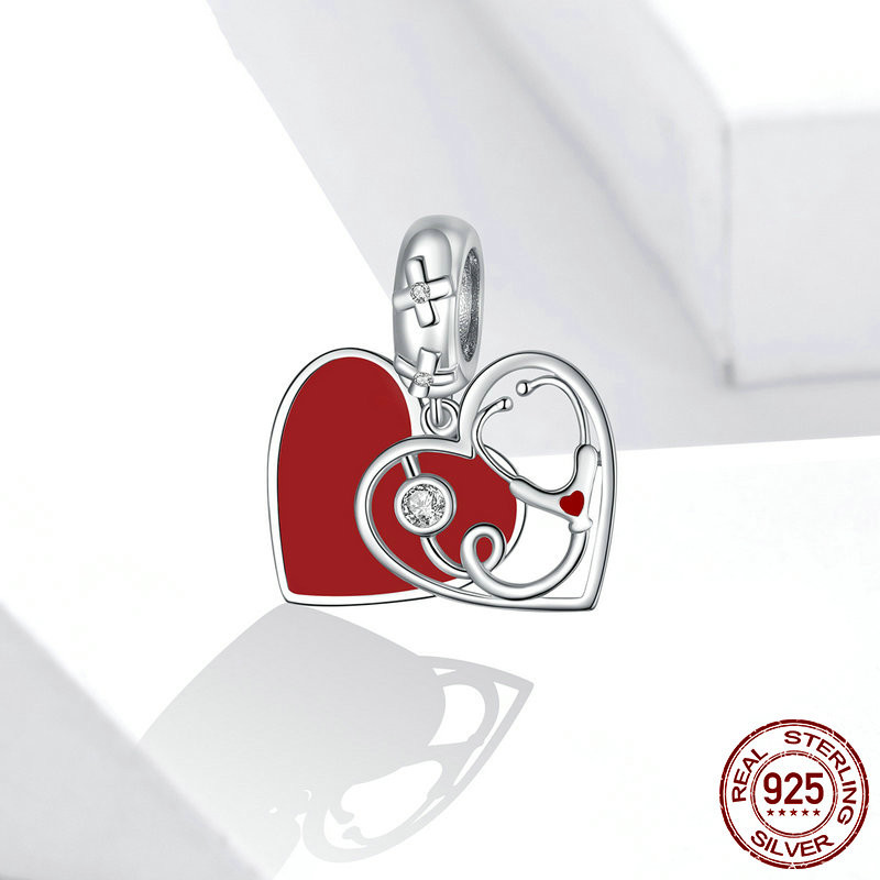 S925 sterling silver pendant with heart-shaped stethoscope