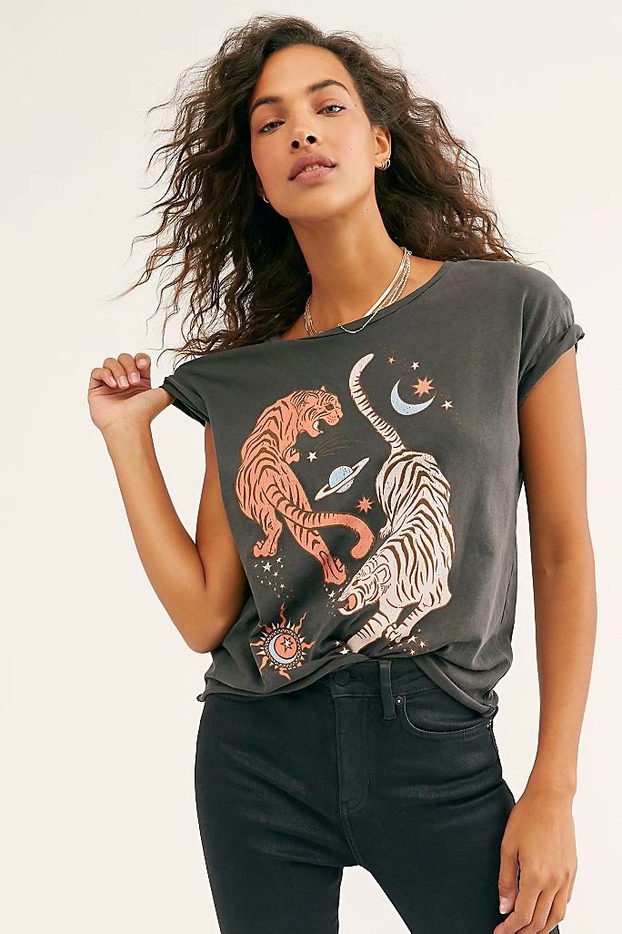 Fashion all-match loose and thin printed T-shirt