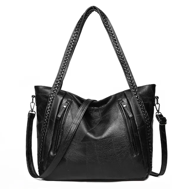 Tote bag large capacity stitching soft leather shoulder bag Black - Shop at LoveMi