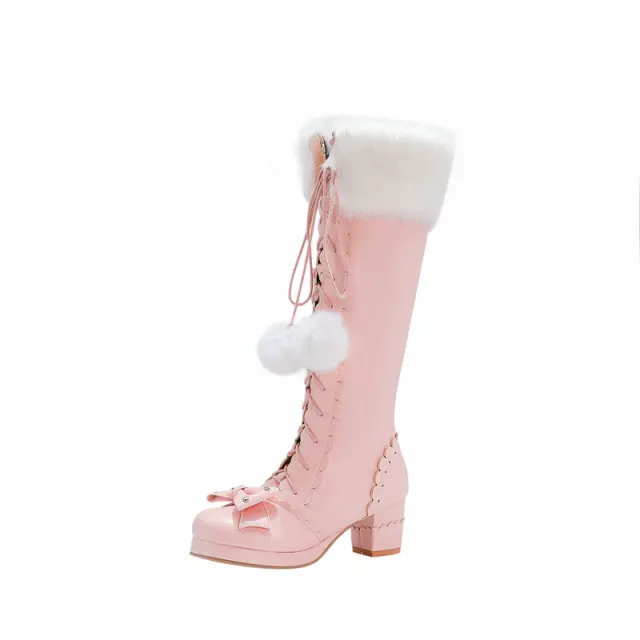 Lace up high top fur ball warm boots Pink - Shop at LoveMi