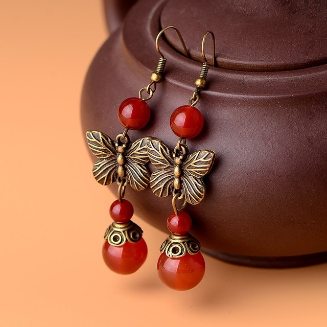 Ladies butterfly vintage red agate earrings