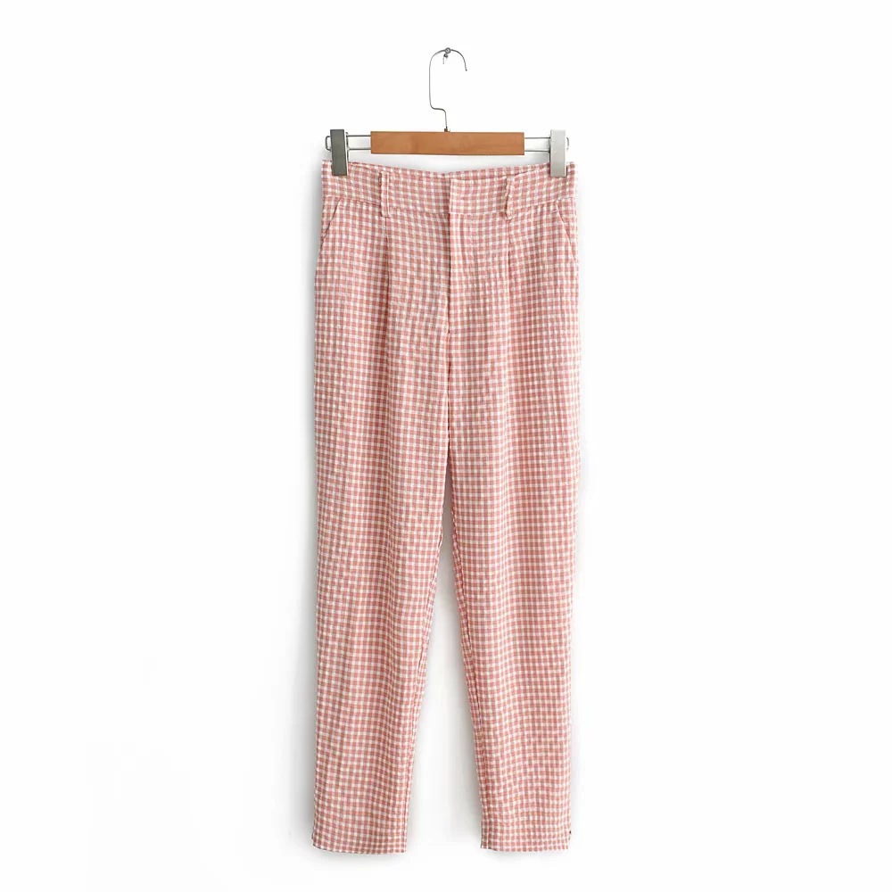 Ladies Fashion High Waist Plaid Casual Pants Pink - Shop at LoveMi