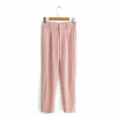 Ladies Fashion High Waist Plaid Casual Pants - Pink - View 1