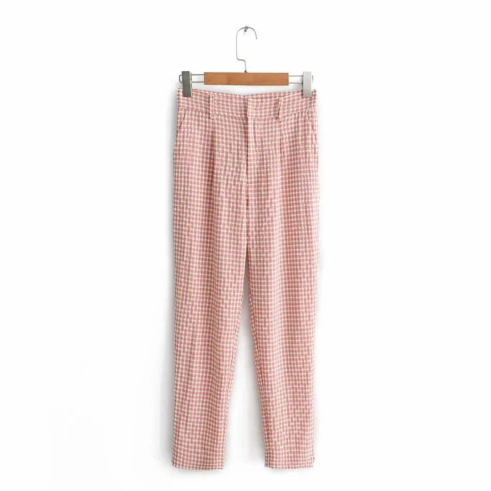 Ladies Fashion High Waist Plaid Casual Pants - Pink