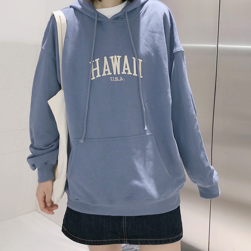Misty blue embroidered letter Fleece Hoodie