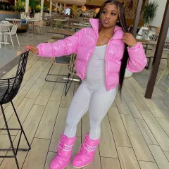 Sisterlinda Faux PU Leather Y2K Bubble Puffer Winter Warm Jacket Women Coats Long Sleeve Outerwear Zipper Casual Slim Parkas - Pink - View 1