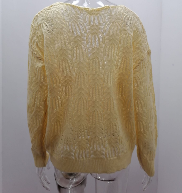 Sweater women knit solid color long sleeve hollow top fashion
