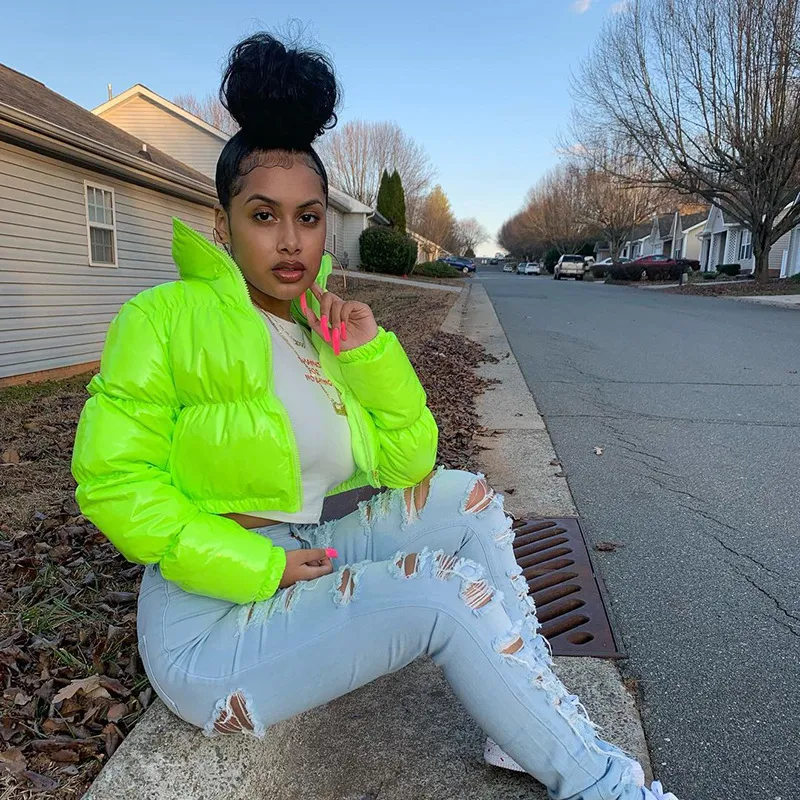 Sisterlinda Faux PU Leather Y2K Bubble Puffer Winter Warm Jacket Women Coats Long Sleeve Outerwear Zipper Casual Slim Parkas - Green
