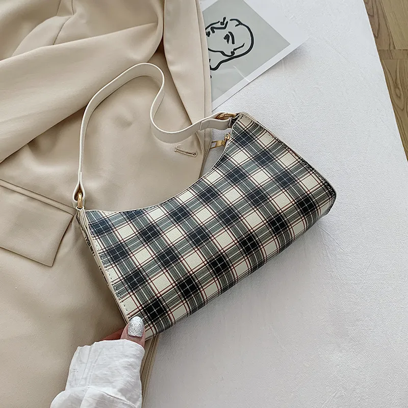 French niche plaid retro baguette bag plaid underarm bag - Black