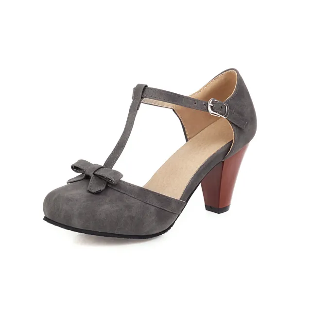 Bow knot thick heel T shaped buckle high heels Grey - Shop at LoveMi