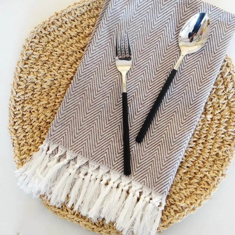Cotton wavy fringe fabric napkin tea towel - Brown