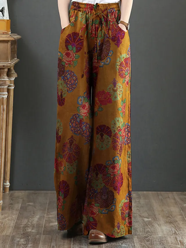 New cotton and linen printed wide leg pants women Yellow - Shop at LoveMi