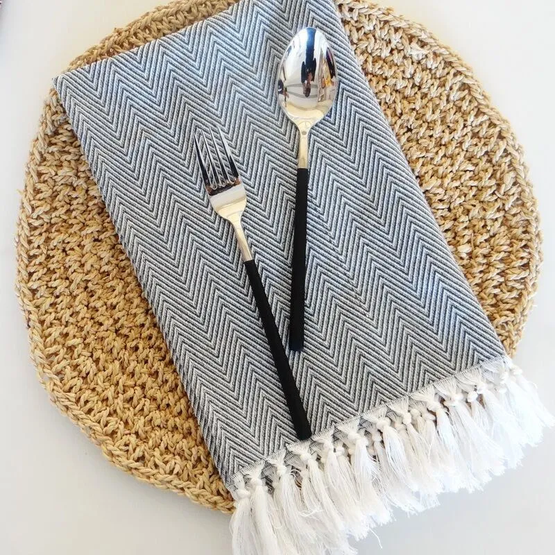 Cotton wavy fringe fabric napkin tea towel - Black