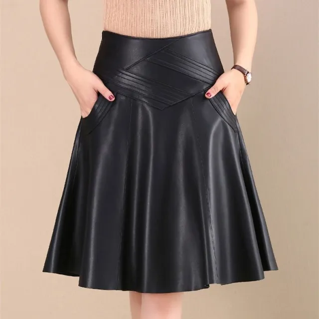 Mid length high waist pleated leather skirt skirt Black - Shop at LoveMi