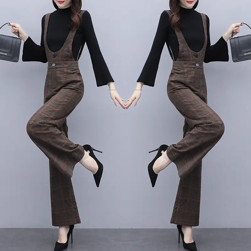 Two-piece retro wide-leg suspender trousers