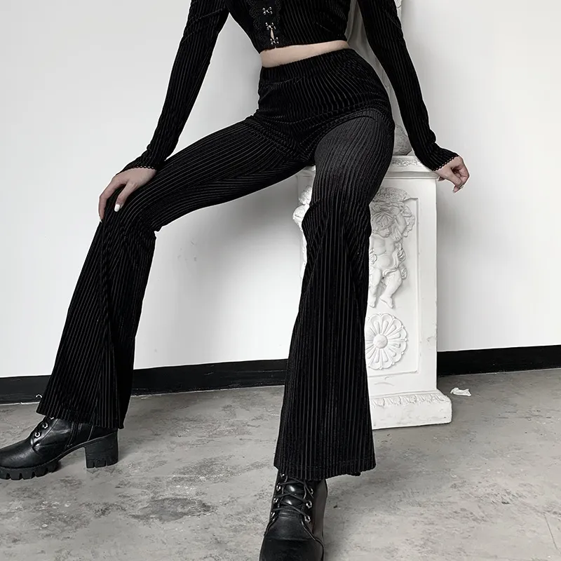 Suede pitted casual girl wide-leg pants - Black