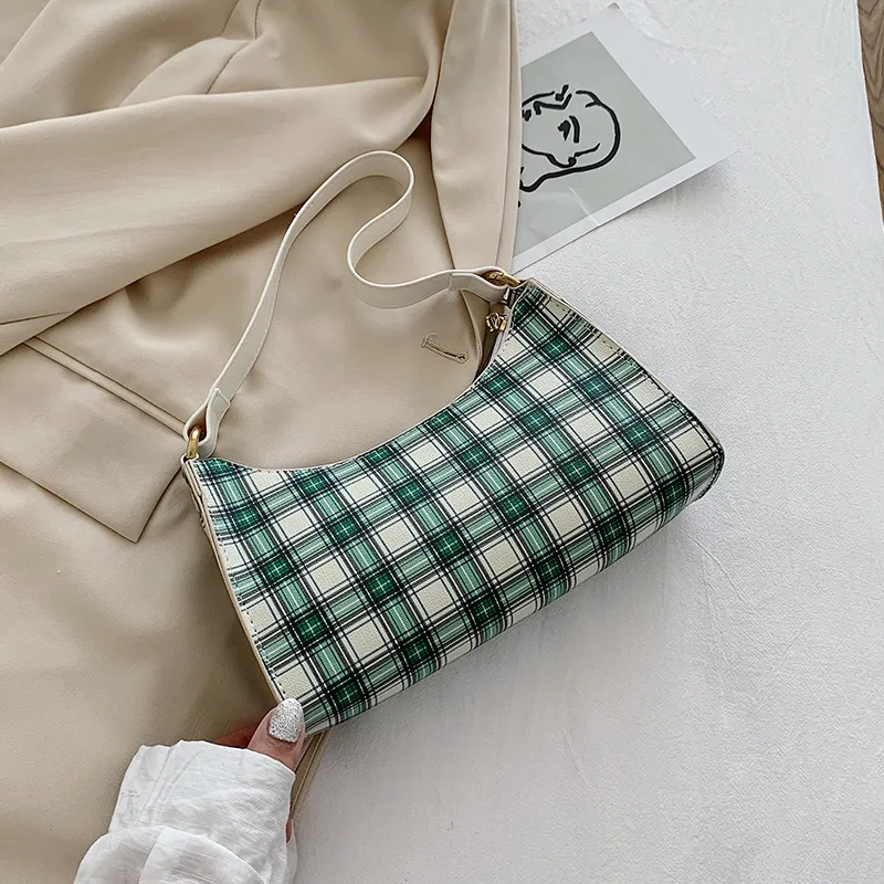 French niche plaid retro baguette bag plaid underarm bag - Green