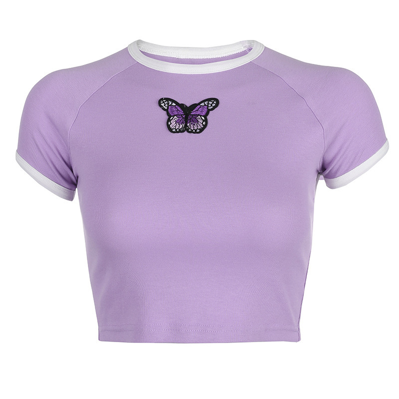 Summer basic short-sleeved top women's butterfly embroidery