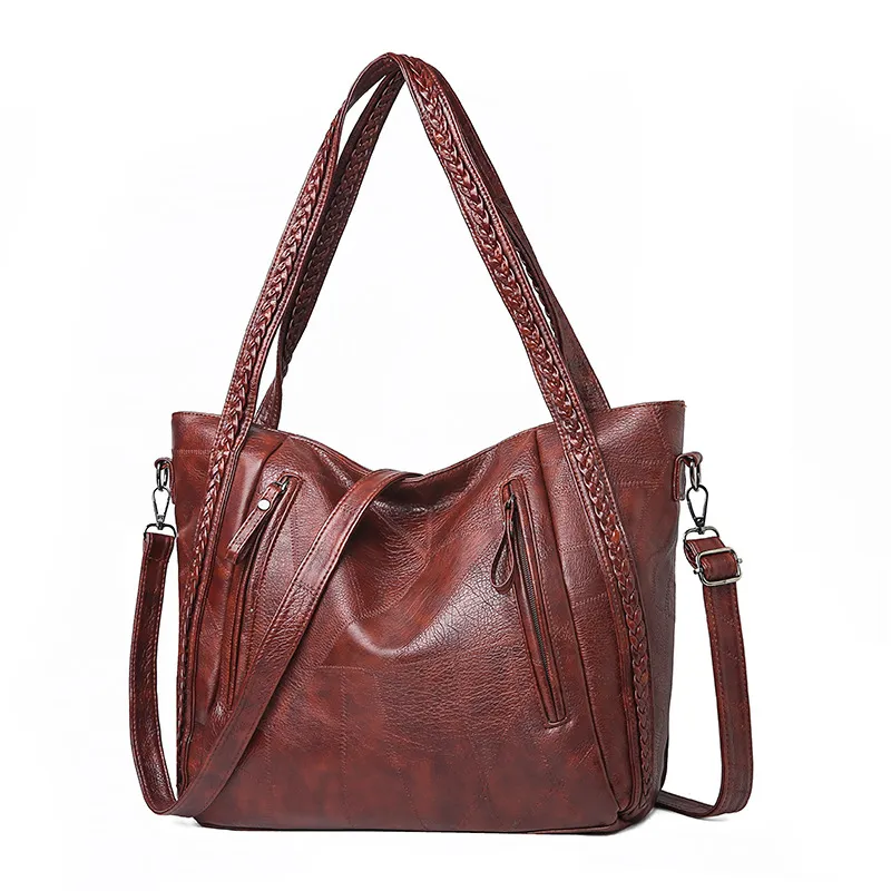 Tote bag large-capacity stitching soft leather shoulder bag - Brown