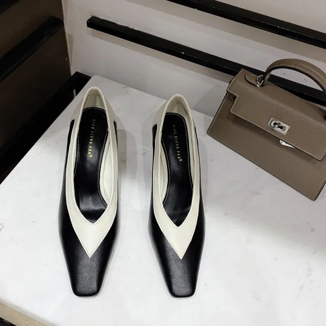 Zapatos de tacón alto con punta cuadrada para mujer, calzado de tacón fino, dise?o de pico profundo, elegantes, a la moda, colores combinados Black - Shop at LoveMi