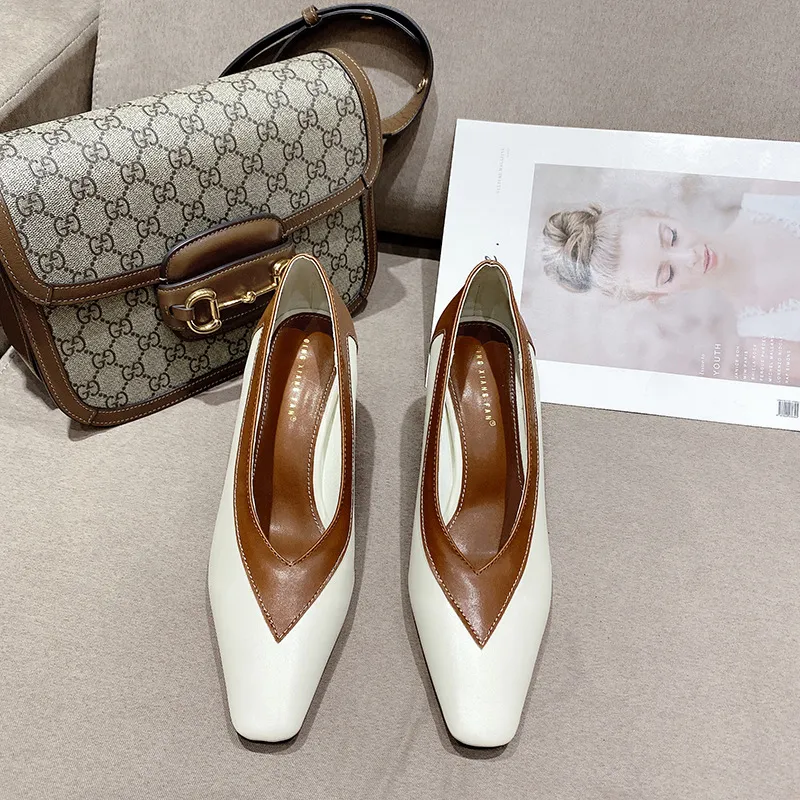 Zapatos de tacón alto con punta cuadrada para mujer, calzado de tacón fino, dise?o de pico profundo, elegantes, a la moda, colores combinados - White