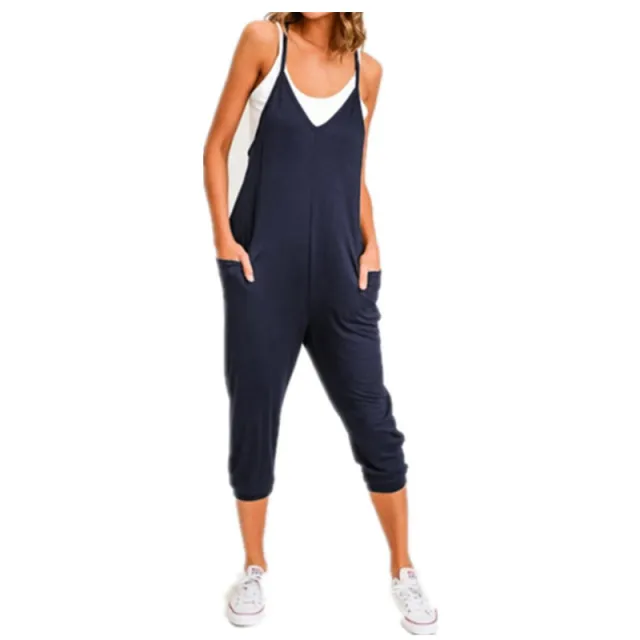 European and American sexy sling pocket jumpsuit Blue - Shop at LoveMi