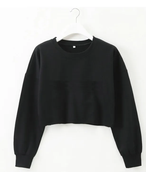 Solid color round neck long sleeve sweater Black - Shop at LoveMi