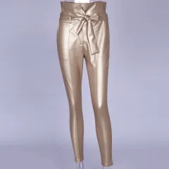 High waist pencil pants PU leather belt trousers - Gold - View 1
