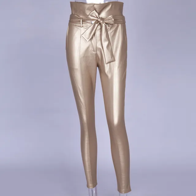 High waist pencil pants PU leather belt trousers Gold - Shop at LoveMi