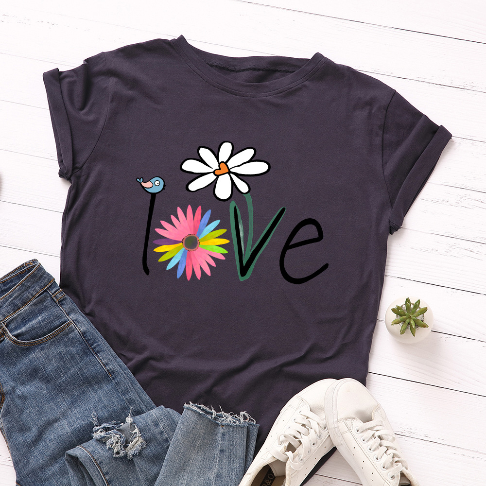 lvoe bird floral round neck short sleeve t-shirt women