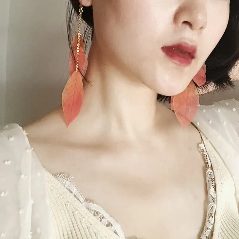 Yellow leaf leaf tassel earring earrings without pierced ears