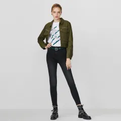 Ladies casual simple black cotton stretch skinny jeans - Black - View 1
