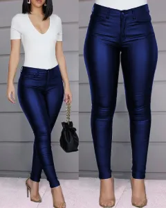 Women's pure colour high-elastic casual sexy pants - Blue - View 1