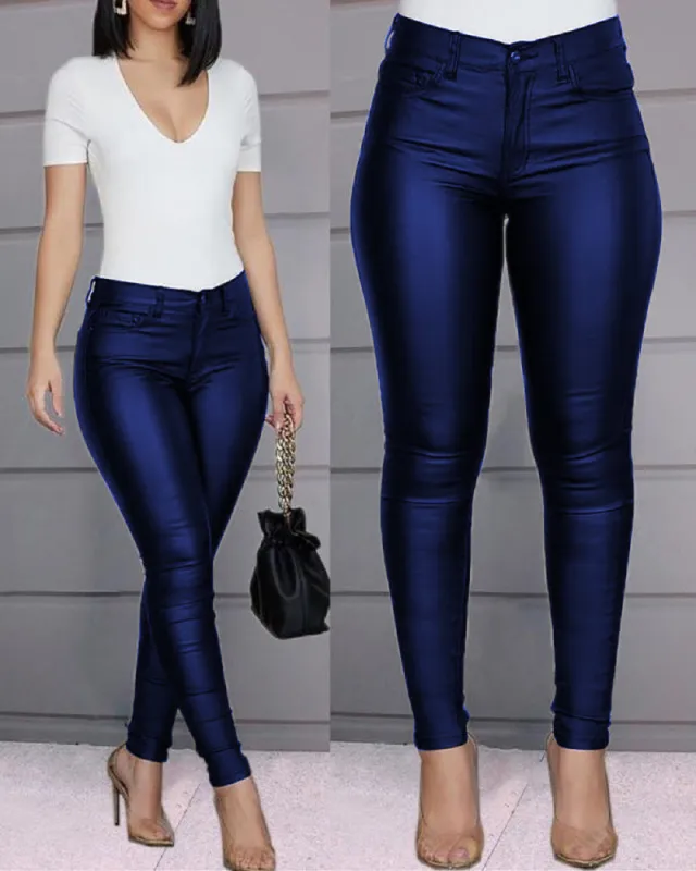 Women's pure color high elastic casual sexy pants Blue - Shop at LoveMi